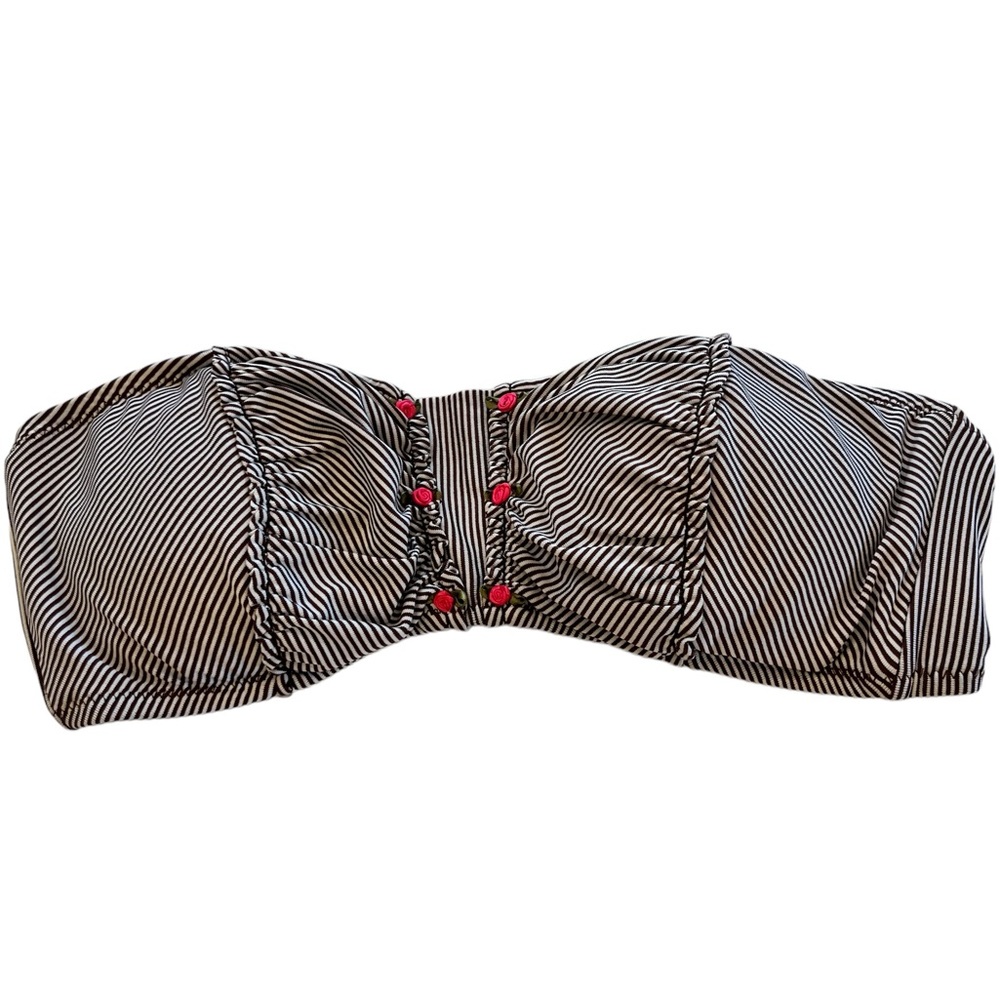 Betsey Johnson Vintage Bikini Top Large Brown White Stripes Rose Accents Y2K